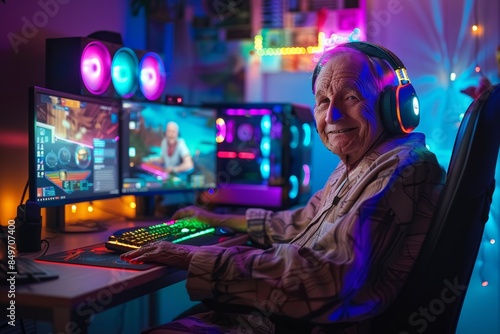 Senior lady enjoying gaming with a colorful computer setup and headphones. Elderly Woman Gamer with Vibrant Setup