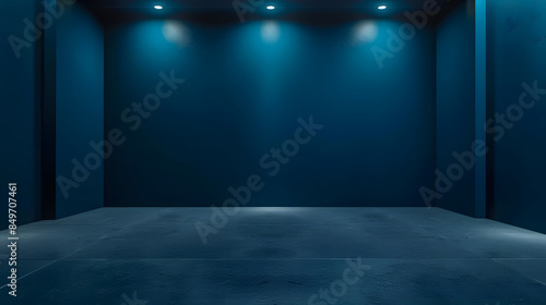 Empty dark blue studio with grey concrete floor and soft blue lighting for product display and text presentation, ideal for business backgrounds and office environments © HNXS Digital Art