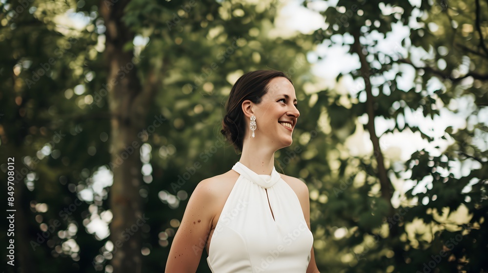 A beautiful bride in a white dress enjoying a moment of joy in a lush green forest setting. A beautiful bride in a white dress enjoying a moment of joy in a lush green forest setting.
