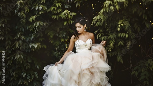 Wallpaper Mural Elegant young woman in flowing white dress against lush green backdrop Torontodigital.ca