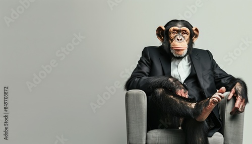 A monkey wearing a suit sits on a big chair on a plain white studio background, copy space photo