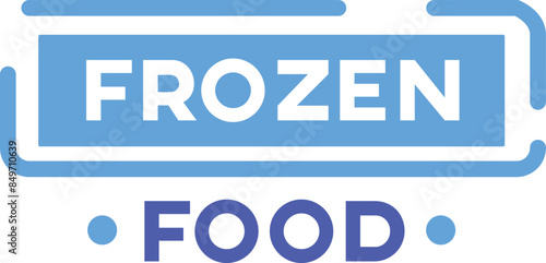 Blue white frozen food label graphic. Simple design frozen food signage vector illustration. Bold text logo isolated white background