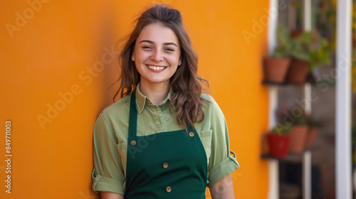 smiling young female florist in a green apron standing against an orange wall, looking at the camera and smiling while posing for a photo on the street with a flower shop