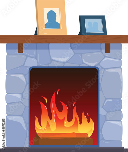 Stone fireplace burning flames wooden photo frames cozy warm fire interior design illustration. Cartoony vibrant blue stone fireplace orange yellow flames brown wooden. Indoor