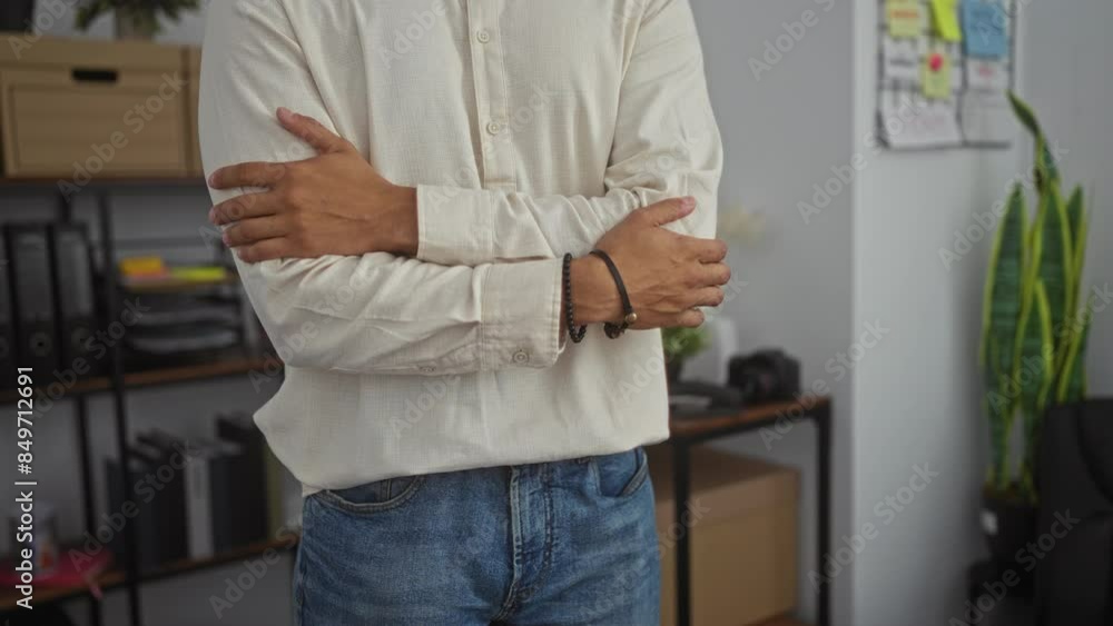 A hispanic man stands indoors with folded arms in an office room, wearing a light shirt and jeans, surrounded by office supplies and plants on shelves. A hispanic man stands indoors with folded arms in an office room, wearing a light shirt and jeans, surrounded by office supplies and plants on shelves.