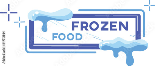 Blue white graphic frozen food text ice symbolizing cold. Frozen food sign illustration shades blue suggesting chill. Graphic representing category, cool temperature indication