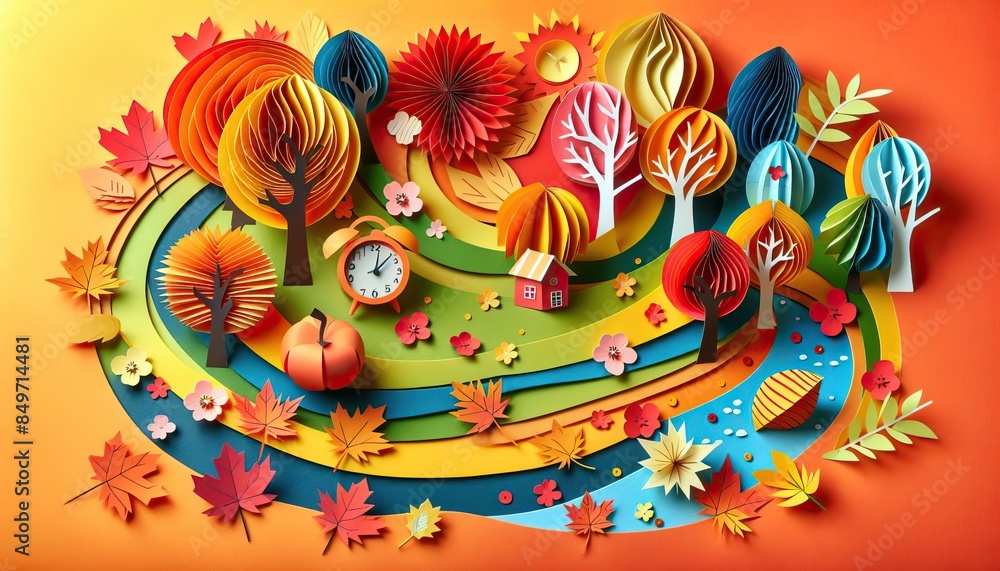 Fototapeta premium Colorful abstract art with flowers clocks and festive elements on an orange background