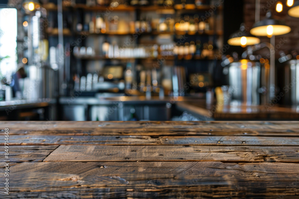 A wooden bar top in the foreground with a blurred background of a brewery tasting room. The background includes large brewing tanks, shelves with various craft beers. A wooden bar top in the foreground with a blurred background of a brewery tasting room. The background includes large brewing tanks, shelves with various craft beers.