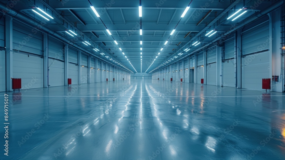 A large, empty warehouse with a blue ceiling and white walls, modern terminal hangars, warehouse or factory A large, empty warehouse with a blue ceiling and white walls, modern terminal hangars, warehouse or factory