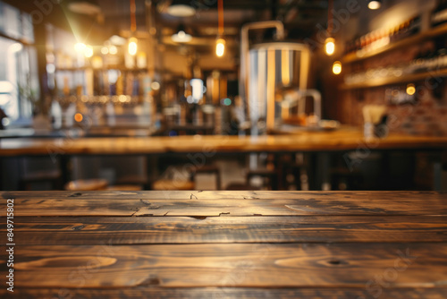 A wooden bar top in the foreground with a blurred background of a brewery tasting room. The background includes large brewing tanks, shelves with various craft beers.