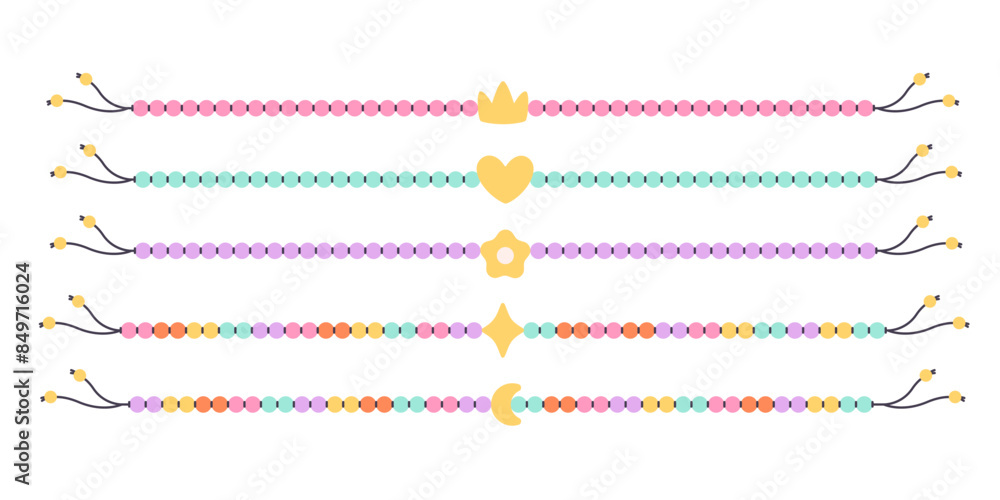Kids jewelry set. Colorful handmade bracelets with plastic beads. Friendship bracelets. Vector illustration in flat style Kids jewelry set. Colorful handmade bracelets with plastic beads. Friendship bracelets. Vector illustration in flat style