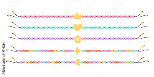 Kids jewelry set. Colorful handmade bracelets with plastic beads. Friendship bracelets. Vector illustration in flat style