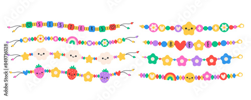 Kids jewelry set. Colorful handmade bracelets with plastic beads. Friendship bracelets. Vector illustration in flat style