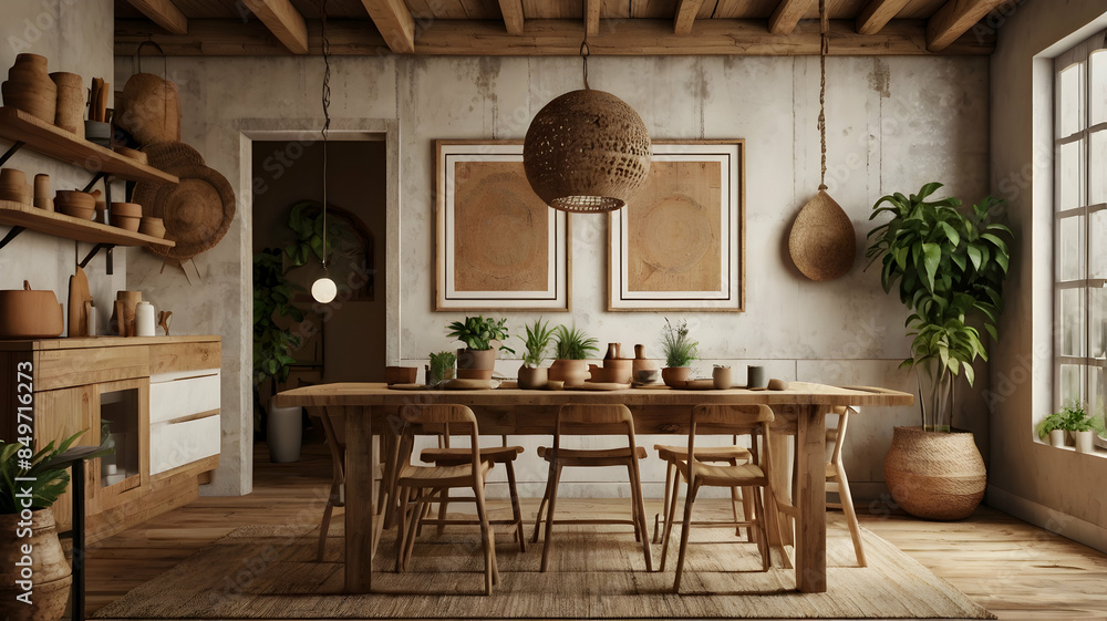 Fototapeta premium A nomadic boho kitchen interior adorned with rustic wooden shelves and woven baskets, HD, Hyper Resolution 