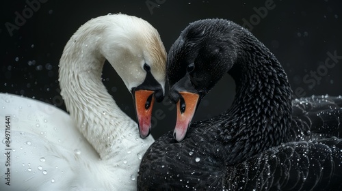 Two swans are resting their heads on each other's necks, abstract heart romantic love concept