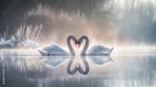 Two swans are swimming in a lake, with their heads together in a heart shape, abstract heart romantic love concept