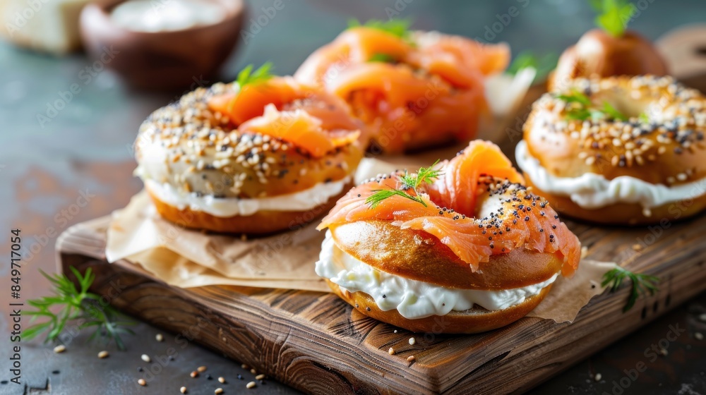 Bagels served with cream cheese and smoked salmon, sesame lox bagels Bagels served with cream cheese and smoked salmon, sesame lox bagels