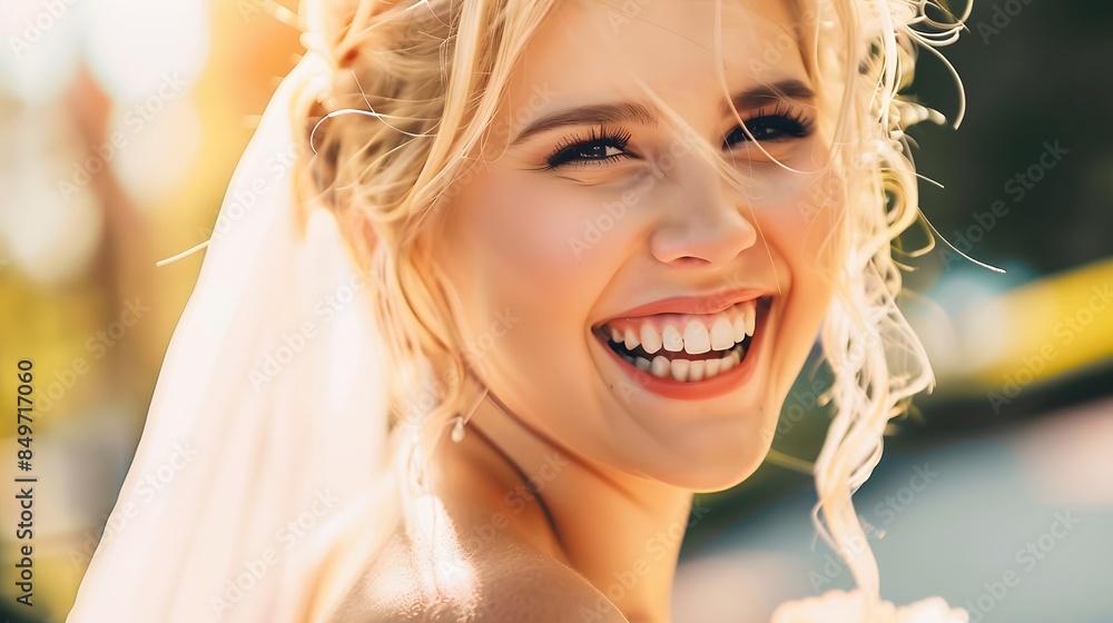 Radiant bride with joyful smile, basking in sunlight with curly hair and flowing veil on wedding day Radiant bride with joyful smile, basking in sunlight with curly hair and flowing veil on wedding day