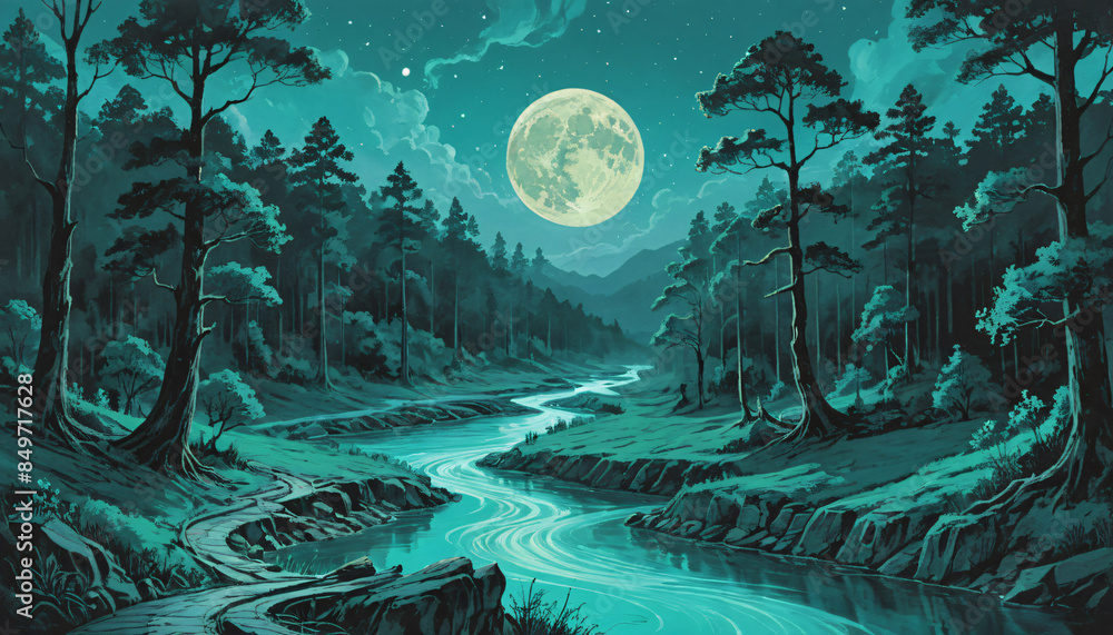 big bright moon in the forest with a river big bright moon in the forest with a river
