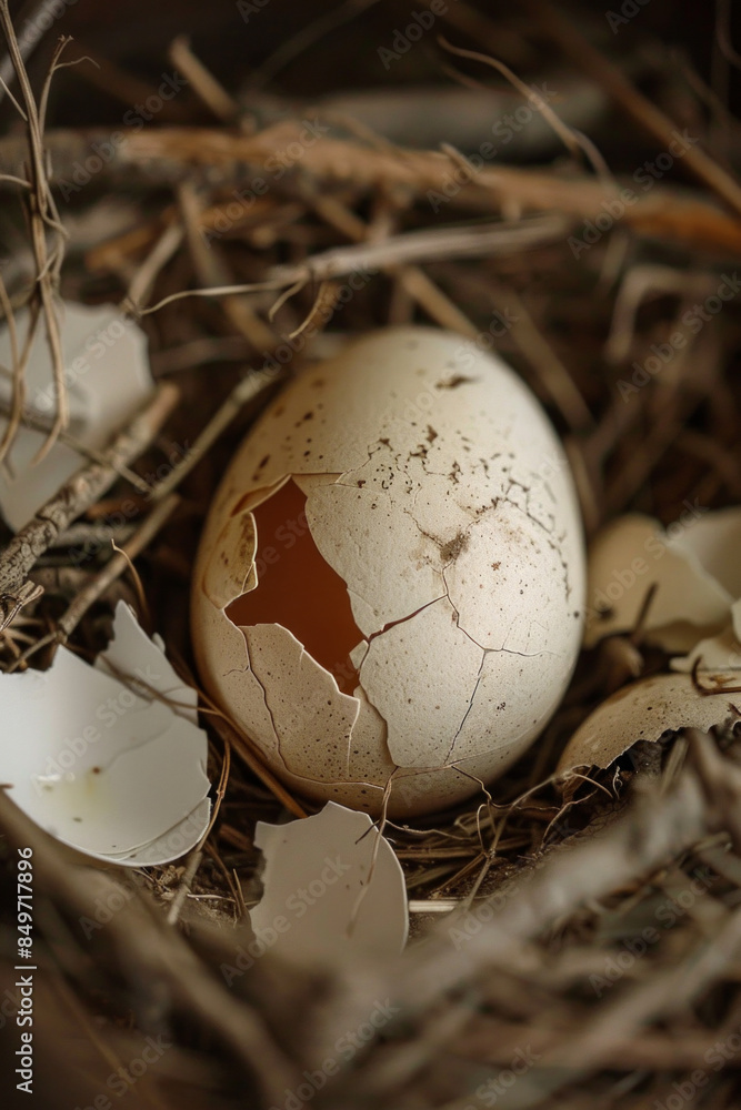 Obraz premium A cracked egg in a nest