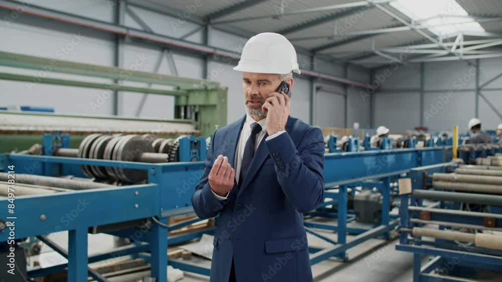 Handsome Caucasian man wearing suit while remotely speaking on his cell phone in factory. Standing next to manufacturing machine and discussing with his business partner about volume of production Handsome Caucasian man wearing suit while remotely speaking on his cell phone in factory. Standing next to manufacturing machine and discussing with his business partner about volume of production