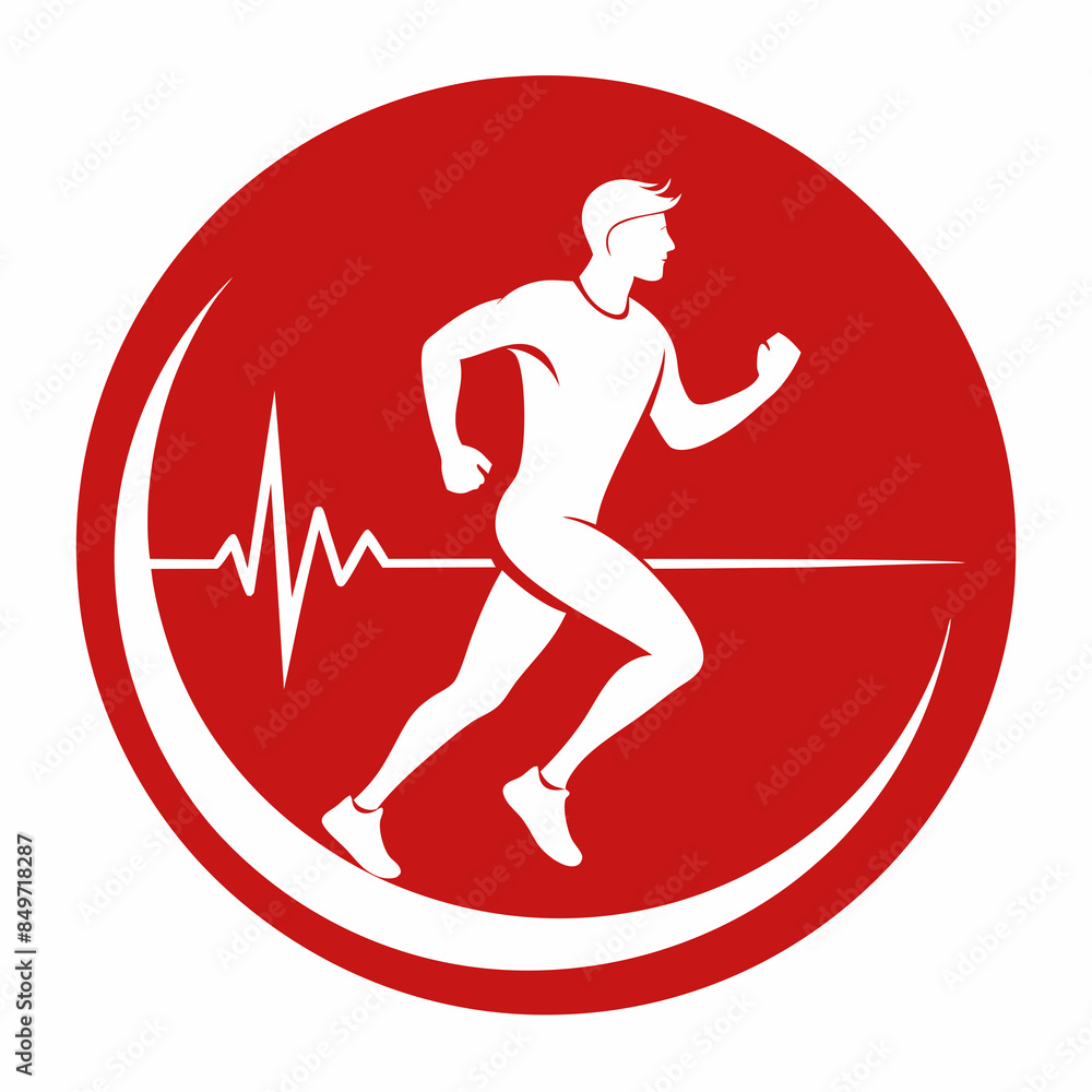 Silhouette of a man in running, joints pain with cardiogram. The joints are highlighted in a red circle. Vector image. logo. Circle logo