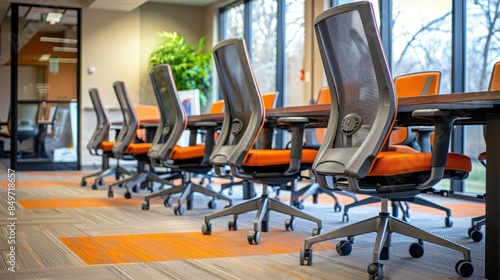 A row of office chairs are lined up in a conference room