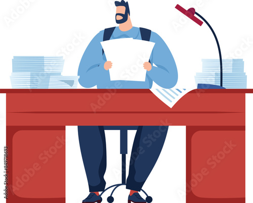 Man reading documents office desk stacked papers. Office worker reviewing files sitting concentrated. Workload busy corporate environment paperwork management