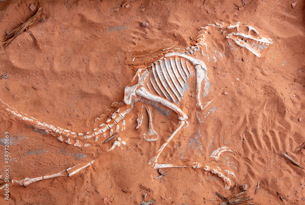 Naklejka premium Dinosaur Skeleton Bones in Sand near Moqui Cave Paleontology Museum in Southern Utah US