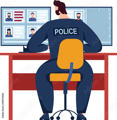 Male police officer working seated desk, viewing suspect profiles computer screen. Policeman analyzing data digital investigation office setting. Law enforcement professional examining criminal