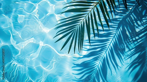 Blue Water Surface with Palm Leaf Shadows: Abstract Summer Vacation Banner