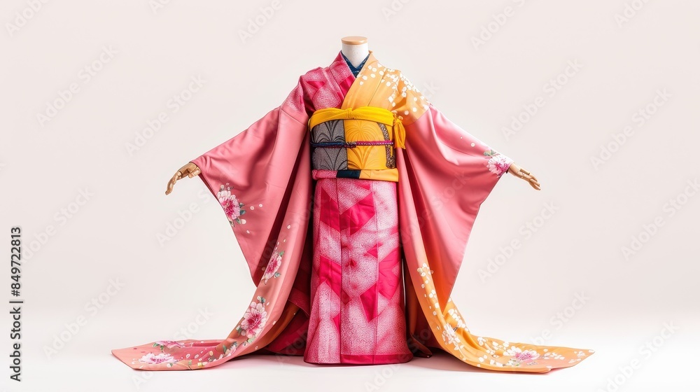 Naklejka premium Traditional Japanese kimono with intricate details and vibrant colors displayed against a simple background.