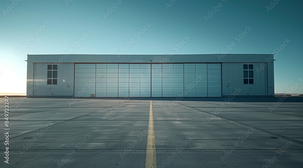 Obraz premium A large hangar with a yellow line on the ground, modern terminal hangars, warehouse or factory