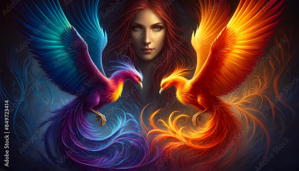 custom made wallpaper toronto digitaltwo phoenix birds facing each other, one blue and the other fire, with a red-haired woman in the background
