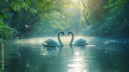Two swans are swimming in a pond, with their heads touching, abstract heart romantic love concept