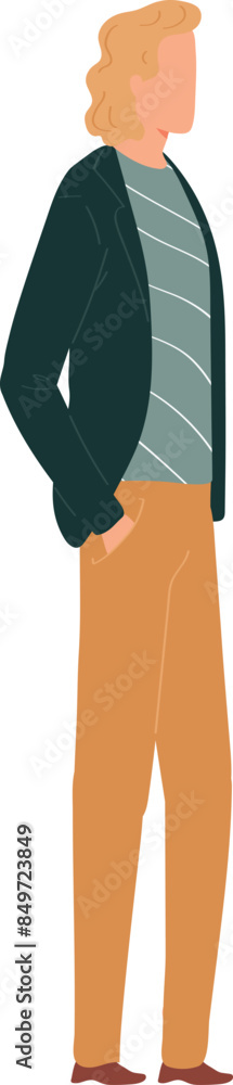Casual man standing confident, modern casual attire. Young adult male curly hair, hands pockets. Stylish person, fashion illustration, side view Casual man standing confident, modern casual attire. Young adult male curly hair, hands pockets. Stylish person, fashion illustration, side view
