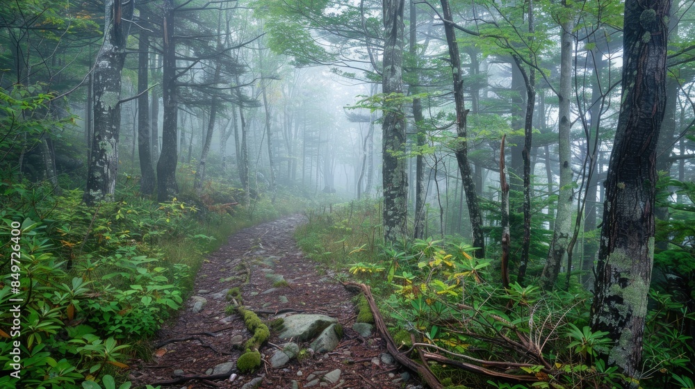 Obraz premium Foggy forest trail amidst the trees