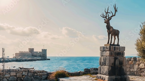 Mandraki port with deers statue where The Colossus was standing and fort of St Nicholas Rhodes Greece Hirschkuh statue in the place of the Colossus of Rhodes Rhodes Greece : Generative AI photo