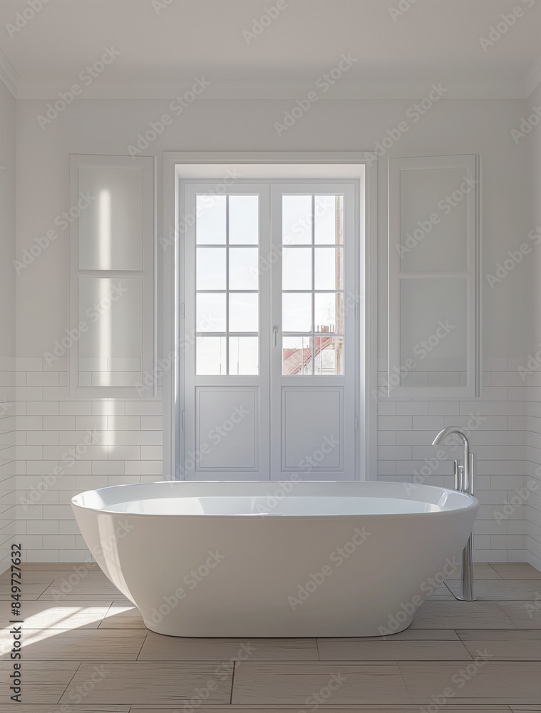 Minimalist bathroom with white walls, open layout, independent bathtub and french window, high-definition photography 8K, lifelike details Minimalist bathroom with white walls, open layout, independent bathtub and french window, high-definition photography 8K, lifelike details