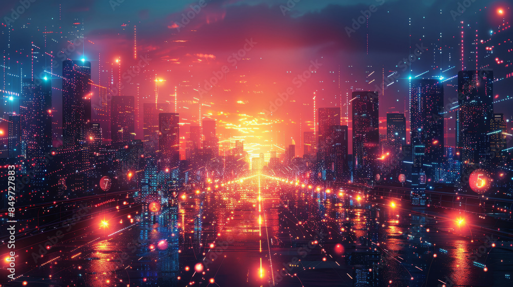 Fototapeta premium Illustrate 5G challenges and solutions: infrastructure, privacy, cybersecurity, advanced protocols, community engagement, and sustainability.generative ai