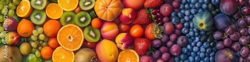 Fancy fresh food collage of different fruits, vegetables and berries. Rainbow wallpaper banner background with copyspace
