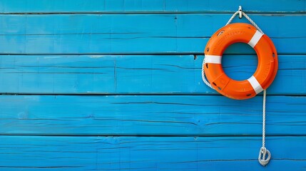 Fototapete Nautischer Stil Rettungsring an blauer Holzwand  © The Little Hut