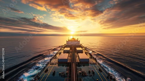 Large cargo ship sailing in the Baltic sea at sunset Soft golden sunlight Concept seascape Panoramic view from the sailing boat Freight transportation nautical vessel logistics : Generative AI