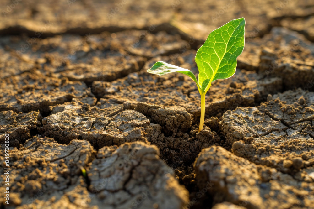 A cracked dry earth with a lone green sprout emerging. A cracked dry earth with a lone green sprout emerging.