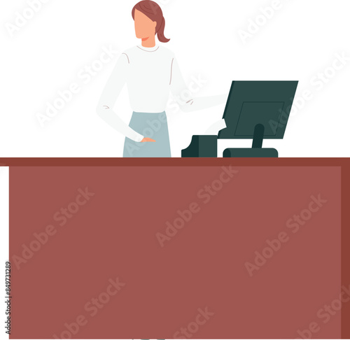 Young female cashier working computer terminal desk. Caucasian woman professional occupation retail payment processing. Receptionist standing register workplace checkout monitor