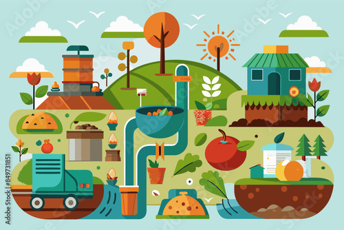 a poster with a tractor, farm, and farm equipment, composting program diverting organic waste from landfills and promoting soil health