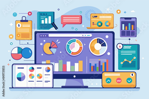 a computer screen with various icons and graphs, comprehensive analytics dashboard to track sales performance and customer behavior