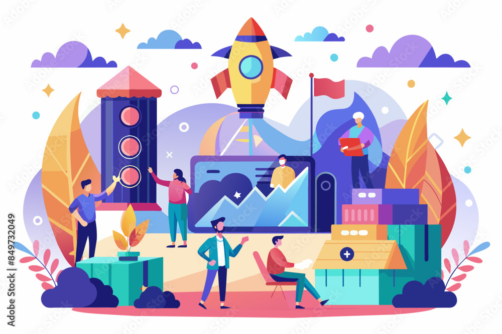 a group of people standing around a laptop with a rocket on top, creative presentation design for a product launch event a group of people standing around a laptop with a rocket on top, creative presentation design for a product launch event