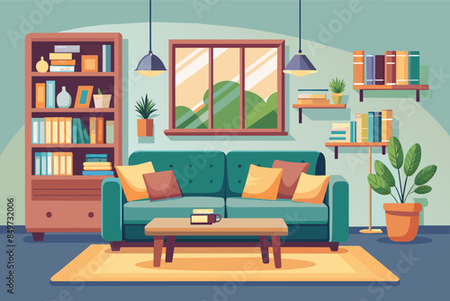 a living room with a couch, table, bookshelf and a clock, cozy living room in flat design, with sofa, coffee table, and bookshelf
