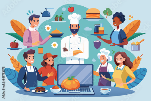 a man is cooking food on a laptop, culinary experience platform connecting food enthusiasts with local chefs for personalized cooking classes